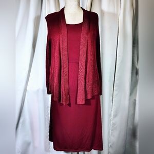 Midi Dress+ Sweater: Burgundy VKY & CO TAG+Eddie Bauer Open Knit Cardigan, S